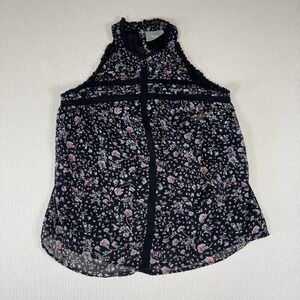 Anthropologie Maeve Black Floral Lace Trim Top XS High‎ Neck Sleeveless Blouse